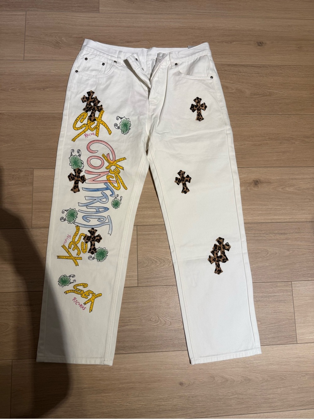 Chrome Hearts White Straight-Leg Jeans with Colorful Graphics